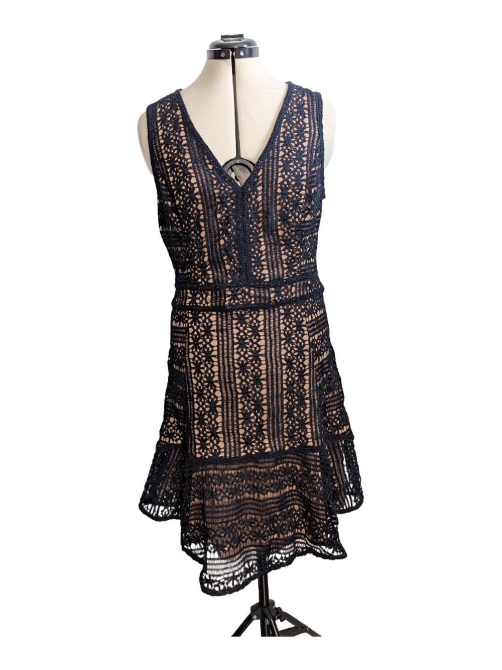 Greylin Navy Crochet Lace Fit and Flare Dress Nude Lining Sleeveless Women's L